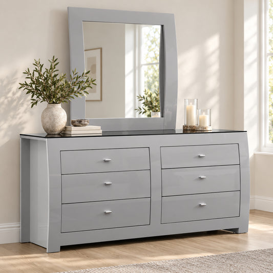 New York Dove Grey dresser and mirror in a bedroom lifestyle setting