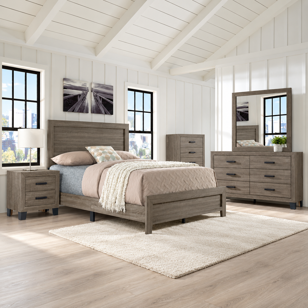 Olivia Collection Taupe Transitional Complete Bedroom Set with Picture-Frame Detailing