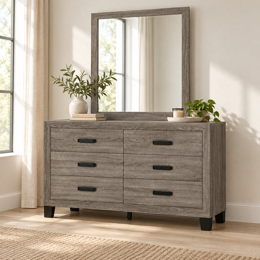 Olivia Taupe dresser and mirror in a bedroom lifestyle setting