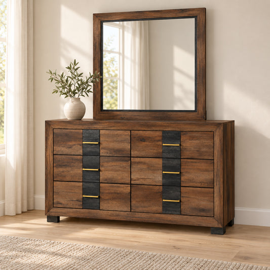 Optimus Grey dresser and mirror in a bedroom lifestyle setting