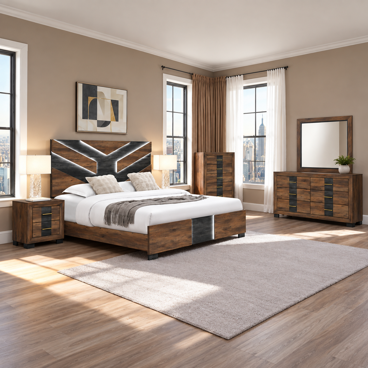 Optimus Collection Two-Tone Walnut LED Bedroom Set with Chevron Headboard