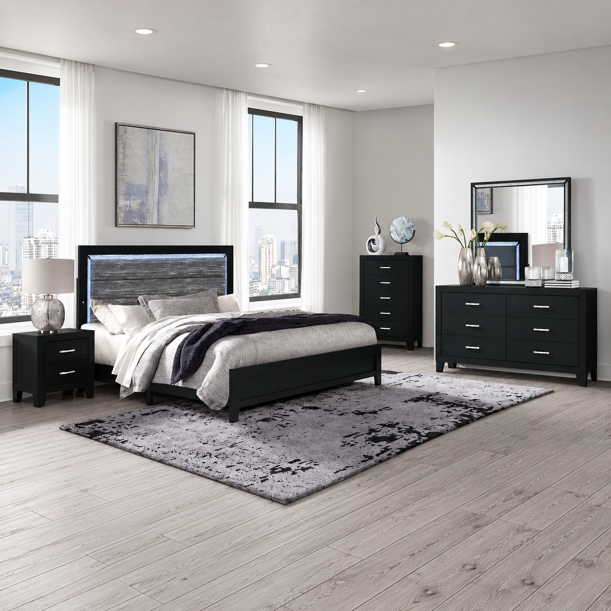Reid Black LED Bedroom Set with Mirrored & Crushed Crystal Accents