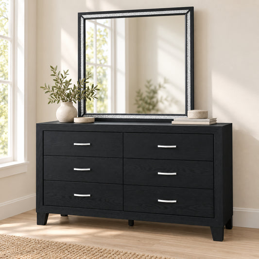 Reid Black dresser and mirror in a bedroom lifestyle setting