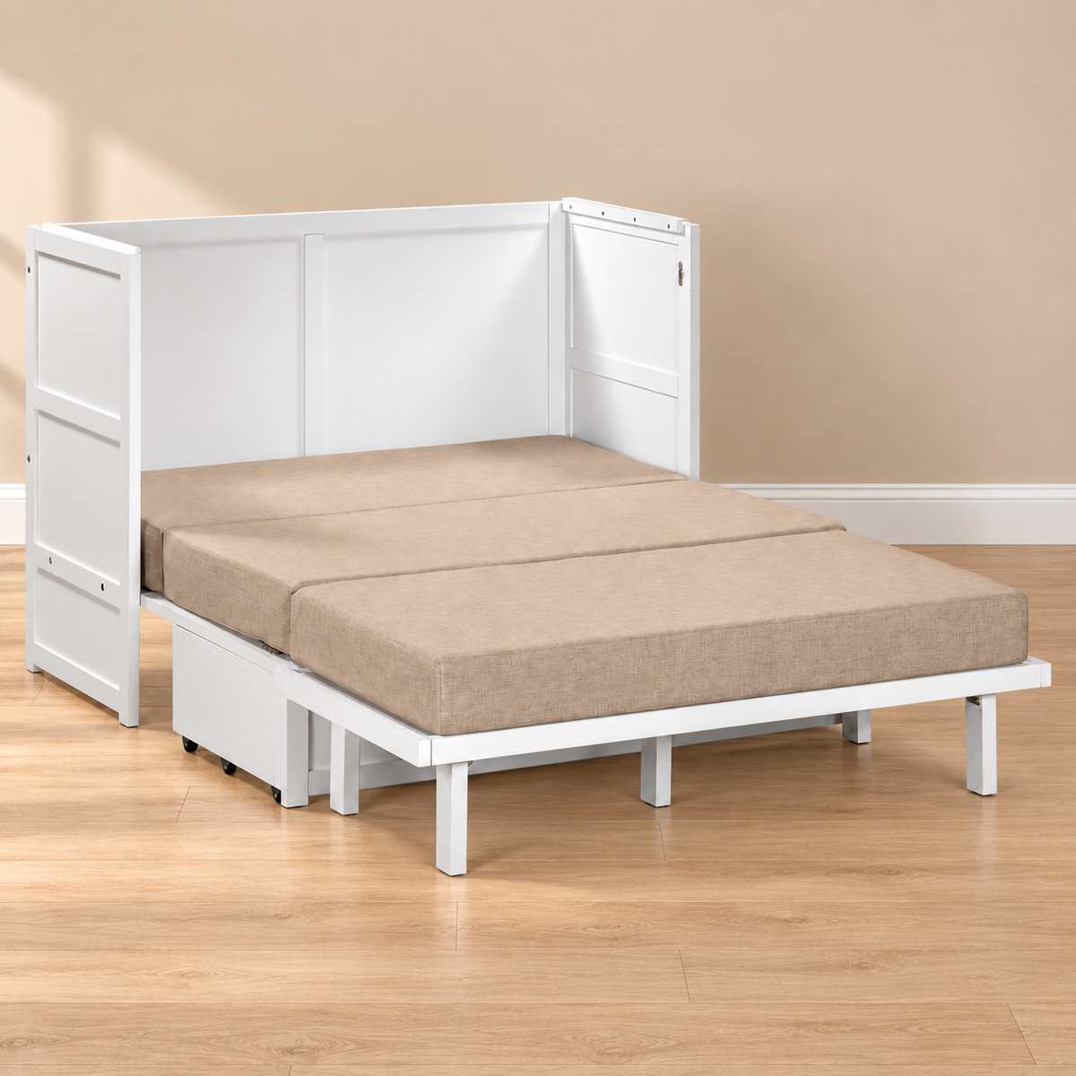 Stow Full cabinet bed — White open bed, bed-only lifestyle view